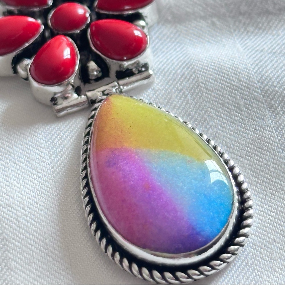 Artisan Jewelry Red Coral Floral Pendant with Multicolor Teardrop Handcrafted - Picture 9 of 15